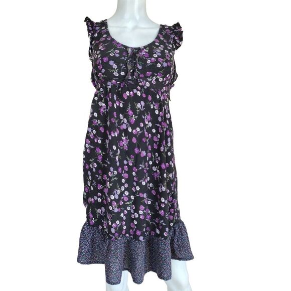 Mossimo Dress Women XL Black Purple Floral Junior Ruffle Summer Boho Peasant - Picture 1 of 8